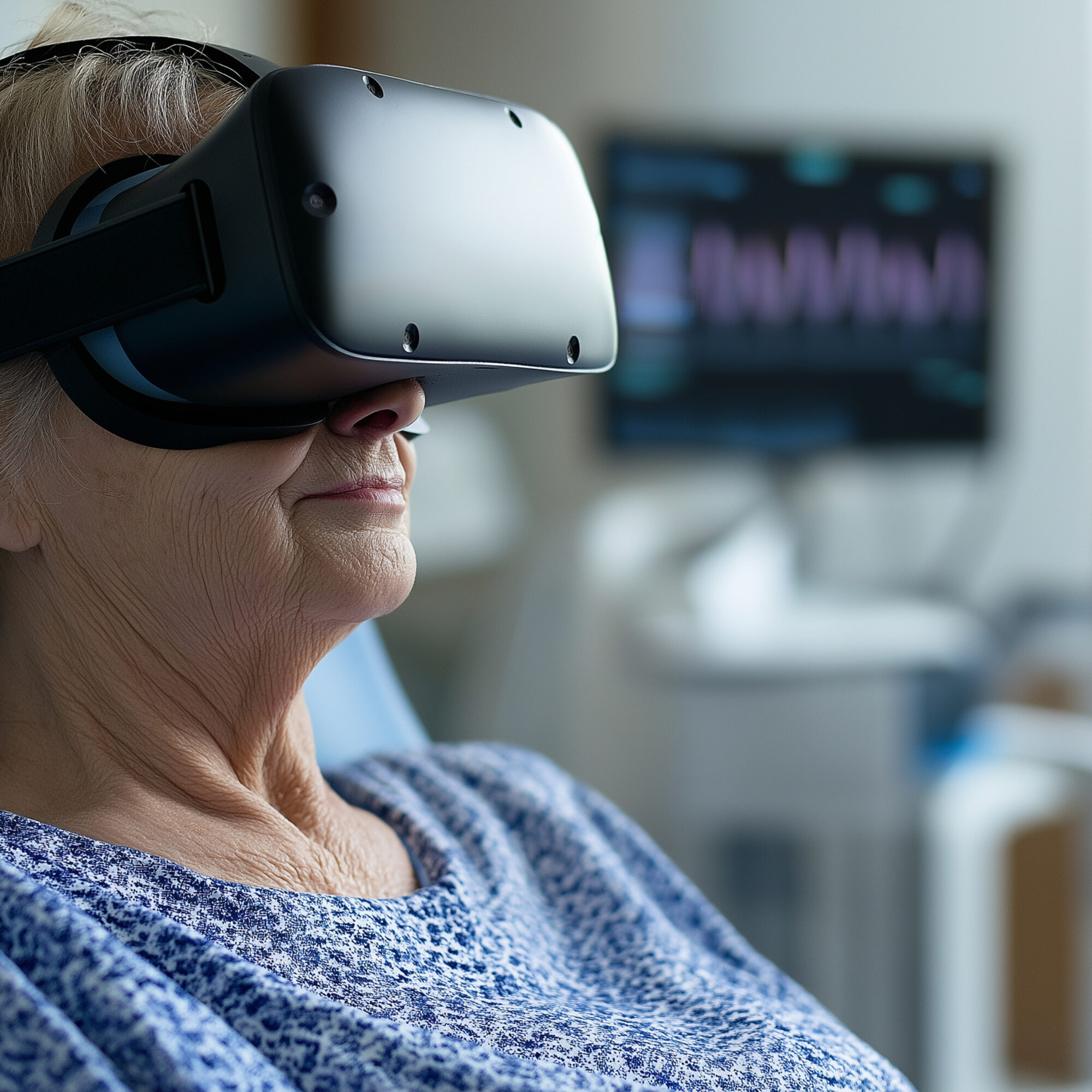 A patient wears a virtual reality headset while undergoing innovative therapy in a modern medical facility.