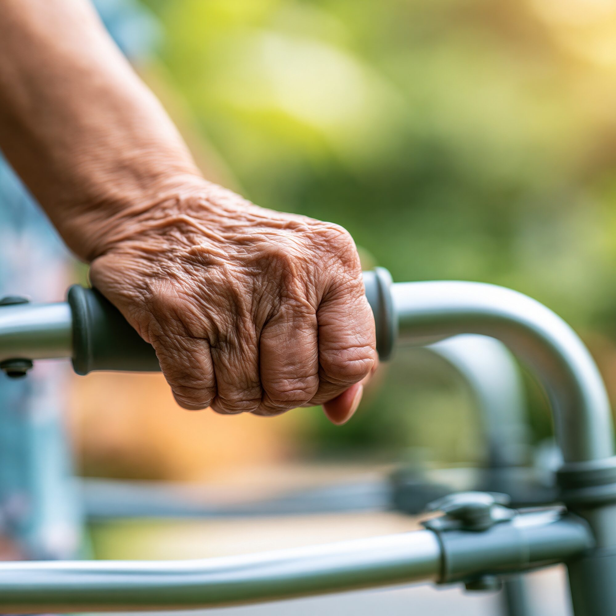 Close-up of a senior woman’s hand gripping a walker. The background features a blurred garden setting with soft natural light.